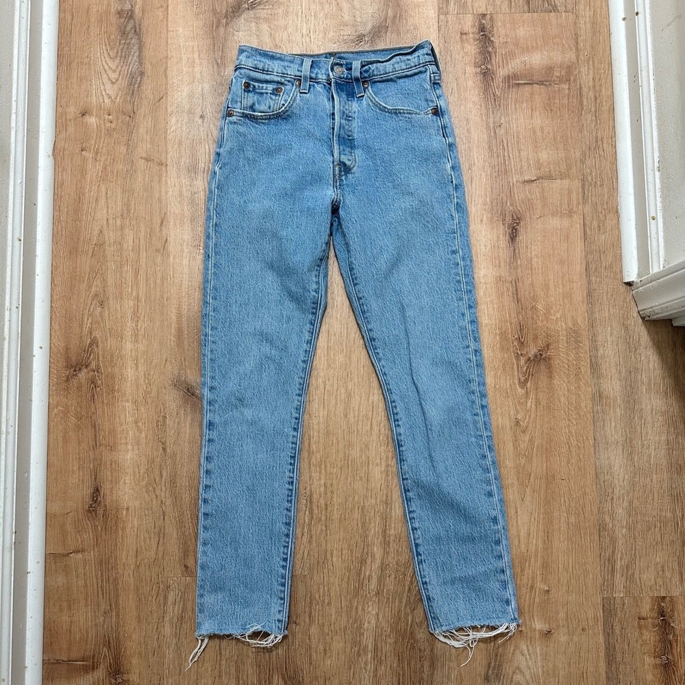 LEVI'S | Women's 501 Raw Hem Light Wash Hidden‎ Button Blue Denim Jeans, W24 L28